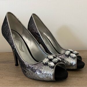 Nina Silver Rhinestone Peep-Toe Heels